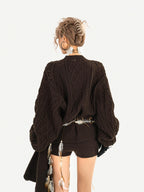 Nico Molly Chestnut Knitted Crewneck Loose Women's Low Waist Top & Shorts Sets