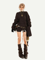 Nico Molly Chestnut Knitted Crewneck Loose Women's Low Waist Top & Shorts Sets