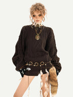 Nico Molly Chestnut Knitted Crewneck Loose Women's Low Waist Top & Shorts Sets
