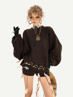 Nico Molly Chestnut Knitted Crewneck Loose Women's Low Waist Top & Shorts Sets