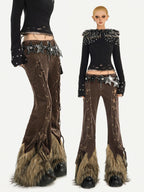 Nico Molly Coffee Corduroy Fur Trim Tie Waist Women's Mid Rise Zipper Flare Pants