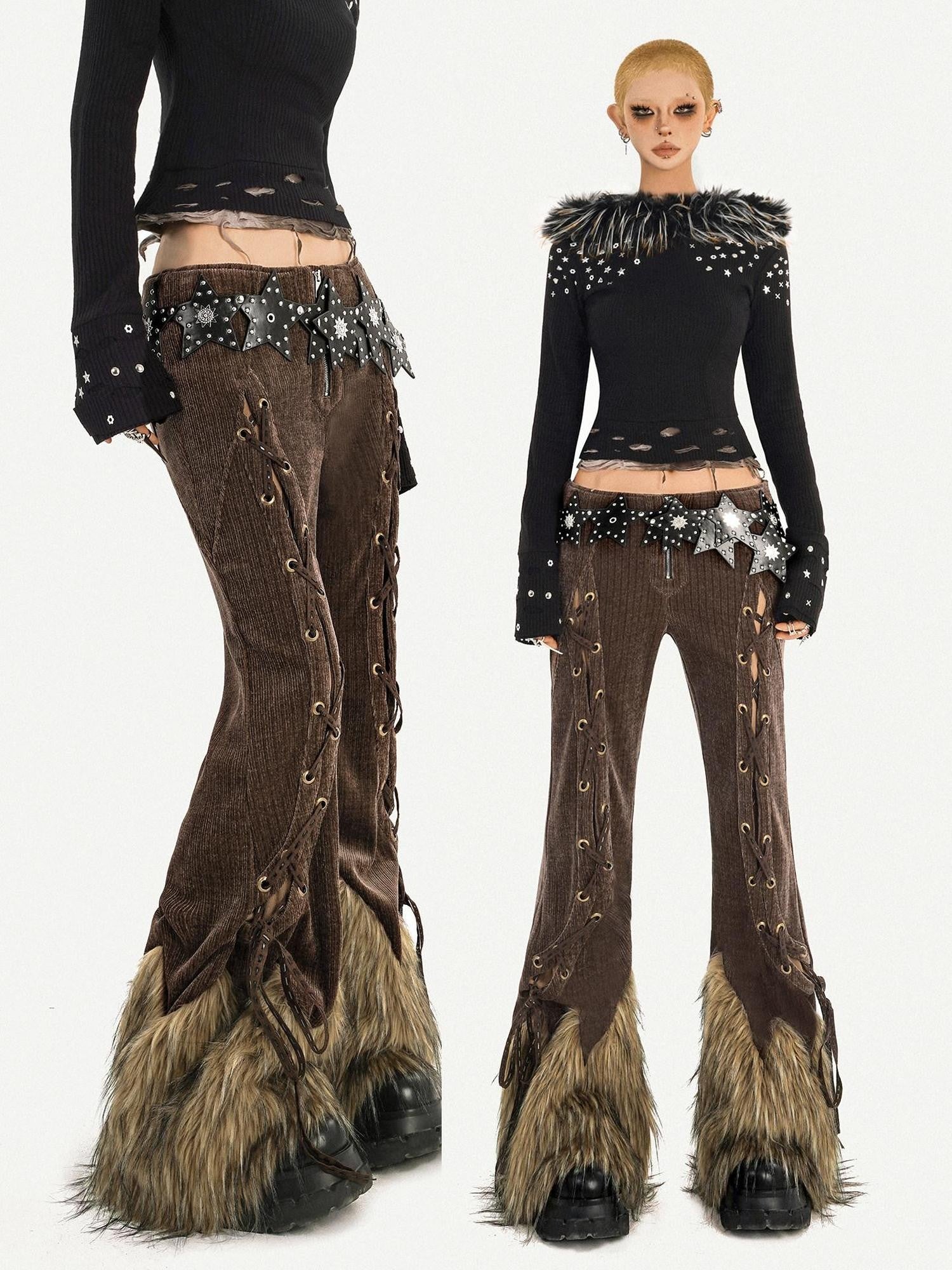 Nico Molly Coffee Corduroy Fur Trim Tie Waist Women's Mid Rise Zipper Flare Pants