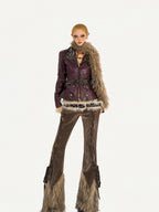 Nico Molly Coffee Corduroy Fur Trim Tie Waist Women's Mid Rise Zipper Flare Pants