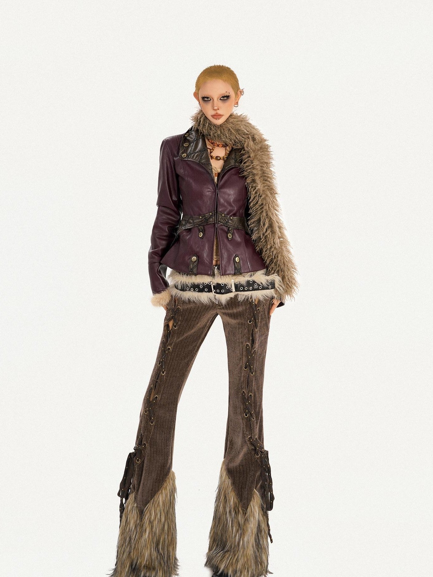 Nico Molly Coffee Corduroy Fur Trim Tie Waist Women's Mid Rise Zipper Flare Pants