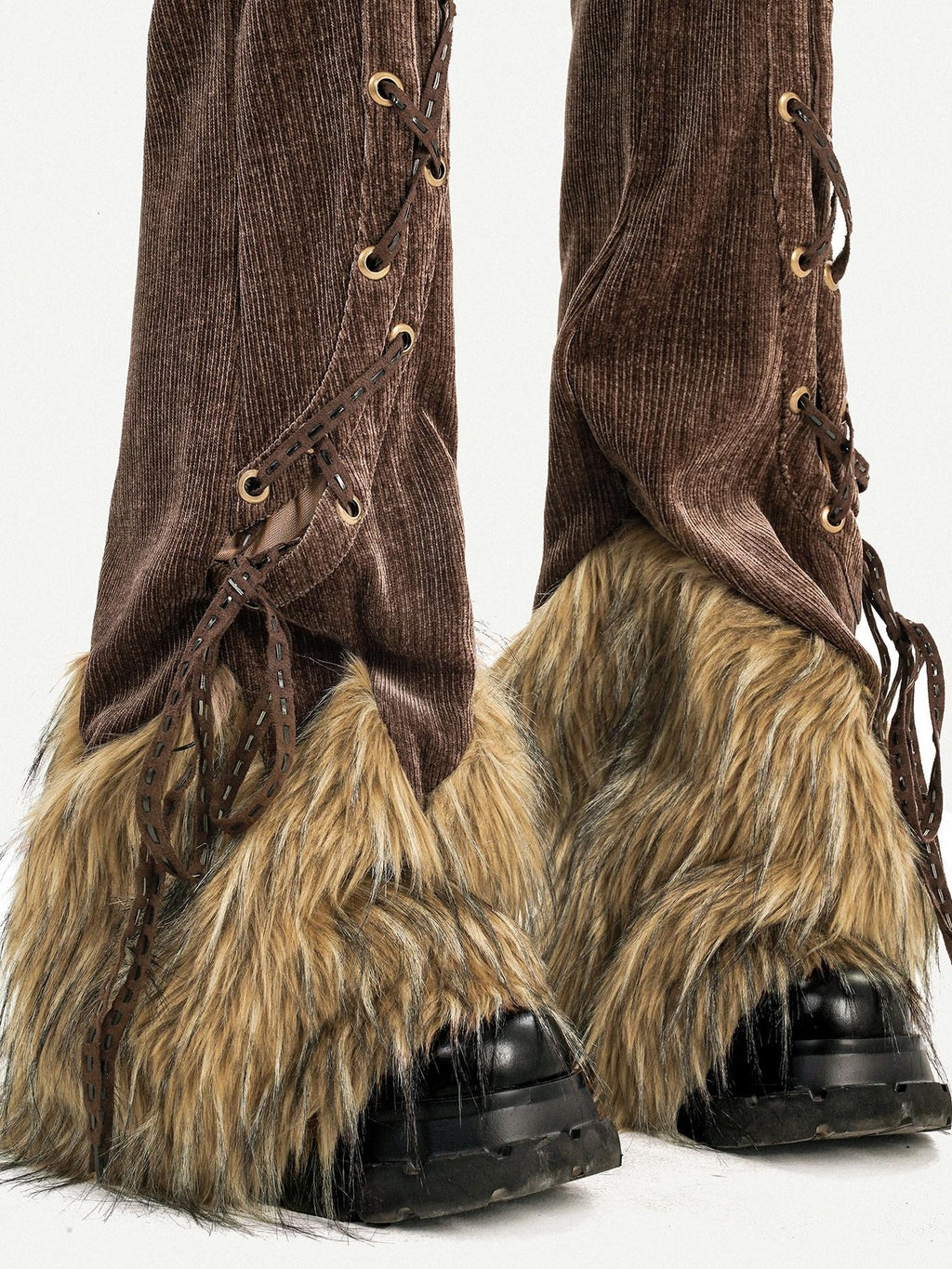 Nico Molly Coffee Corduroy Fur Trim Tie Waist Women's Mid Rise Zipper Flare Pants