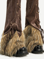 Nico Molly Coffee Corduroy Fur Trim Tie Waist Women's Mid Rise Zipper Flare Pants