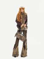 Nico Molly Coffee Corduroy Fur Trim Tie Waist Women's Mid Rise Zipper Flare Pants