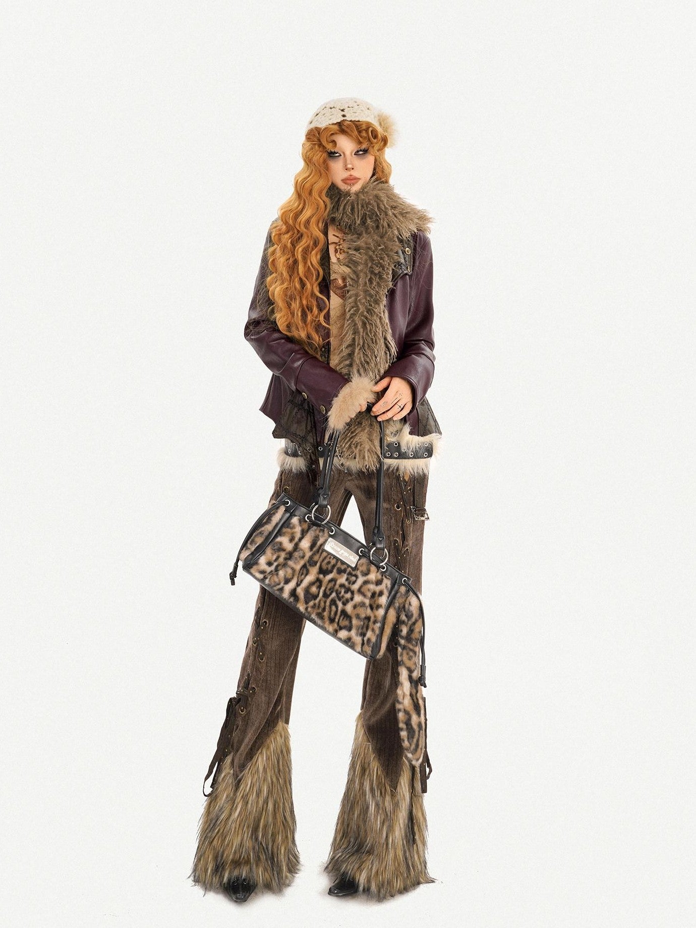 Nico Molly Coffee Corduroy Fur Trim Tie Waist Women's Mid Rise Zipper Flare Pants