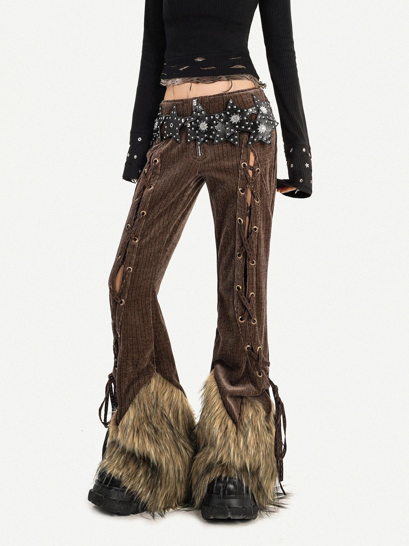 Nico Molly Coffee Corduroy Fur Trim Tie Waist Women's Mid Rise Zipper Flare Pants