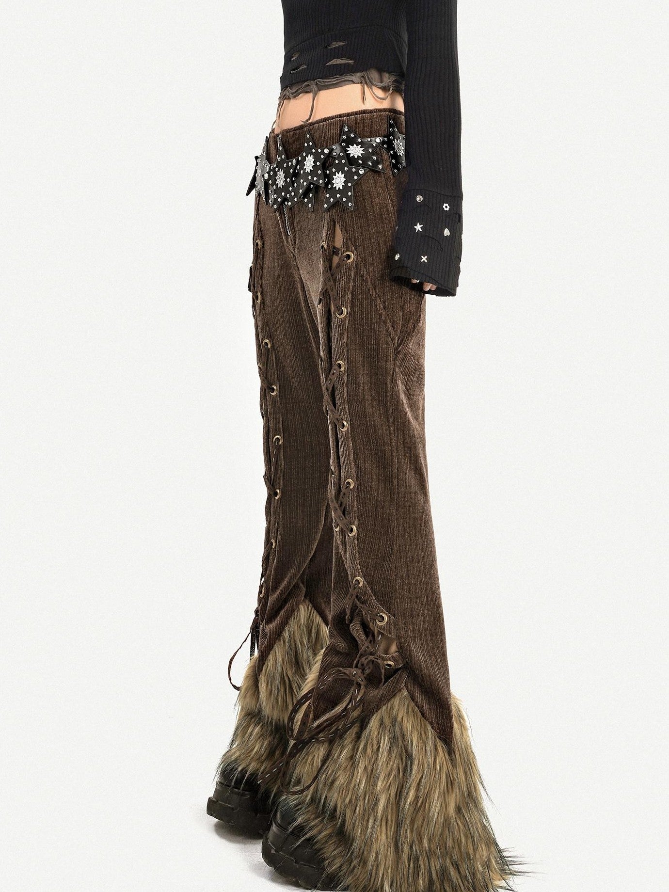Nico Molly Coffee Corduroy Fur Trim Tie Waist Women's Mid Rise Zipper Flare Pants