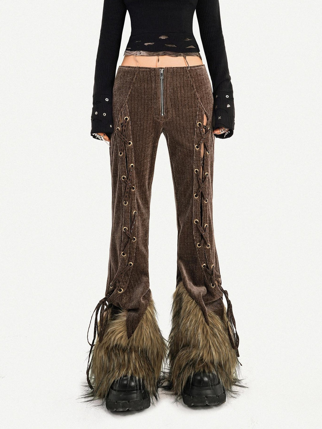 Nico Molly Coffee Corduroy Fur Trim Tie Waist Women's Mid Rise Zipper Flare Pants
