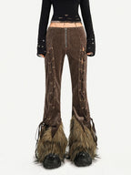 Nico Molly Coffee Corduroy Fur Trim Tie Waist Women's Mid Rise Zipper Flare Pants