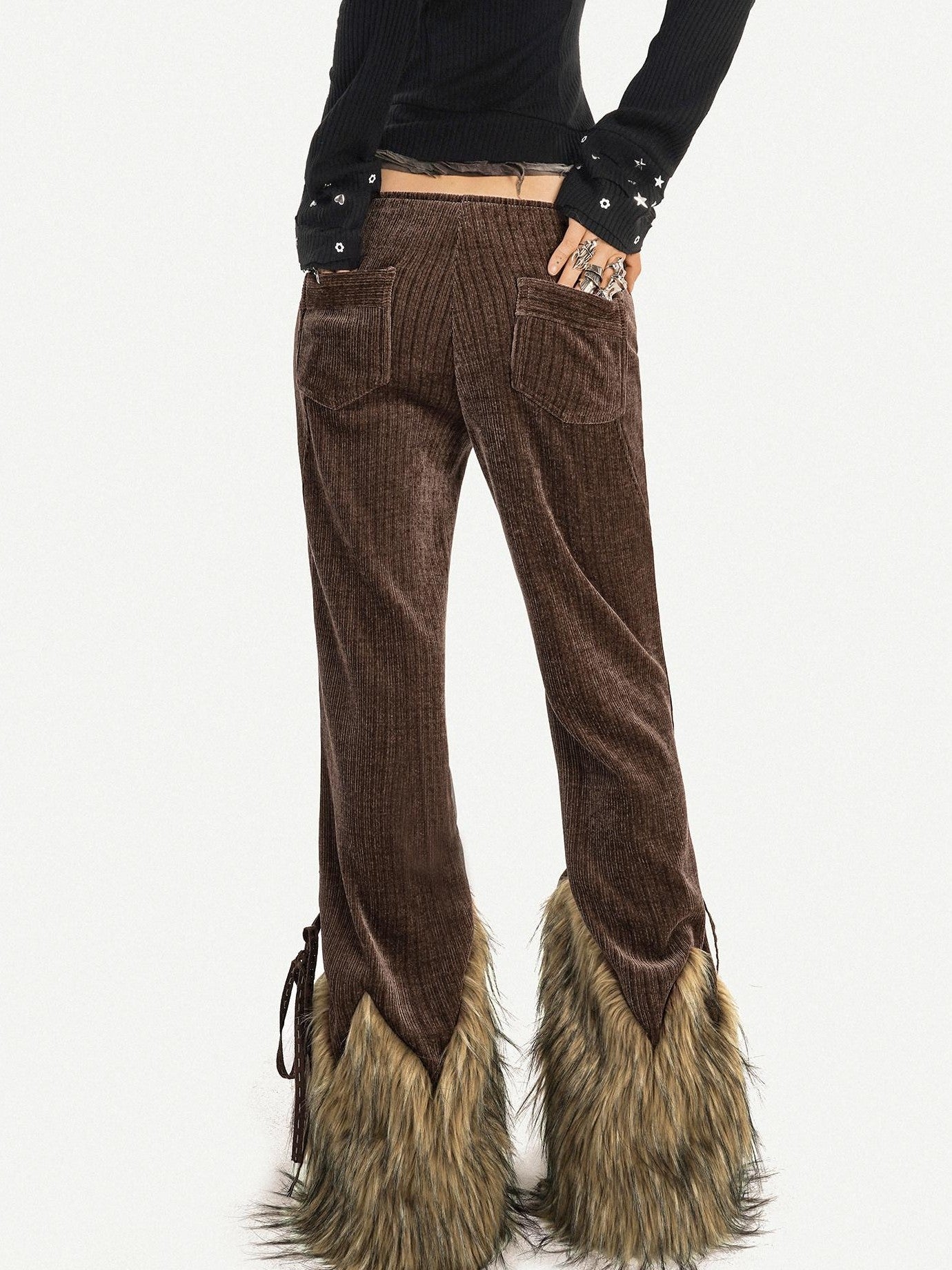 Nico Molly Coffee Corduroy Fur Trim Tie Waist Women's Mid Rise Zipper Flare Pants