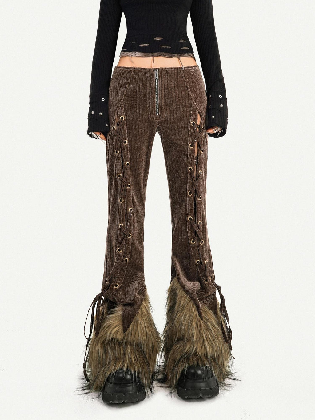 Nico Molly Coffee Corduroy Fur Trim Tie Waist Women's Mid Rise Zipper Flare Pants