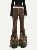 Nico Molly Coffee Corduroy Fur Trim Tie Waist Women's Mid Rise Zipper Flare Pants