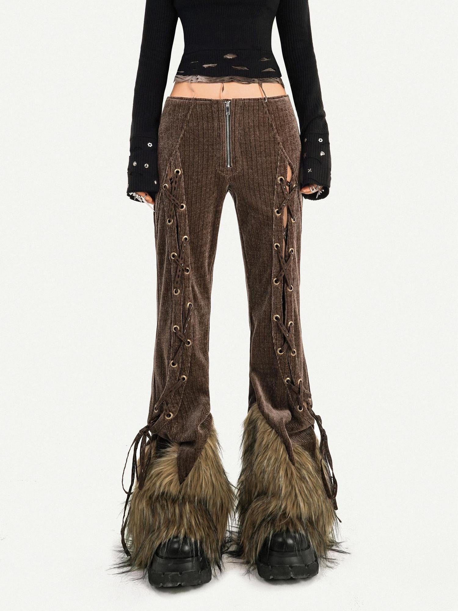 Nico Molly Coffee Corduroy Fur Trim Tie Waist Women's Mid Rise Zipper Flare Pants