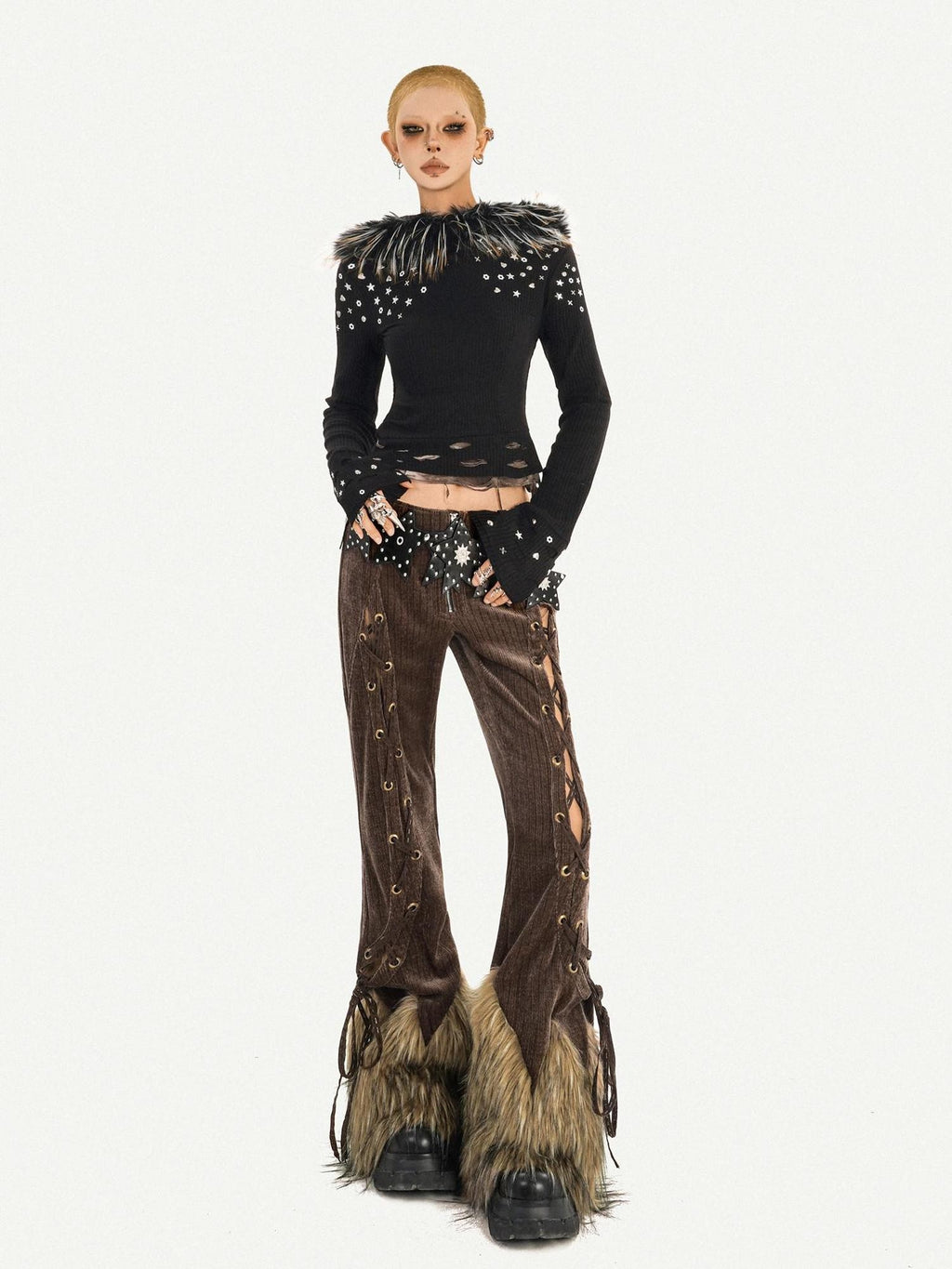 Nico Molly Coffee Corduroy Fur Trim Tie Waist Women's Mid Rise Zipper Flare Pants