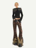Nico Molly Coffee Corduroy Fur Trim Tie Waist Women's Mid Rise Zipper Flare Pants
