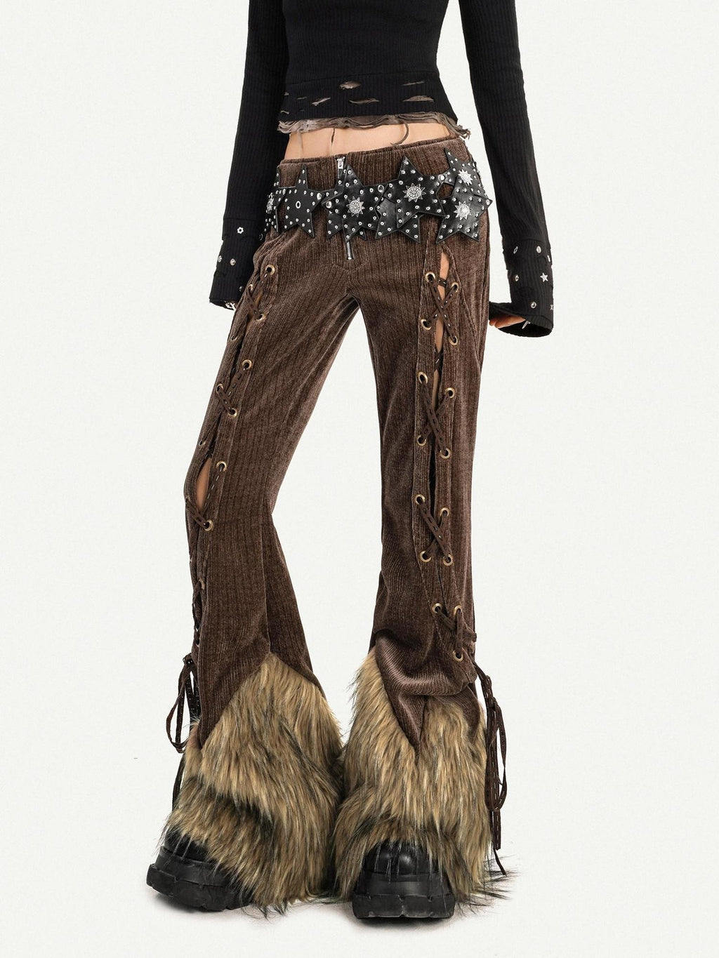 Nico Molly Coffee Corduroy Fur Trim Tie Waist Women's Mid Rise Zipper Flare Pants