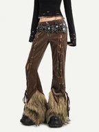 Nico Molly Coffee Corduroy Fur Trim Tie Waist Women's Mid Rise Zipper Flare Pants