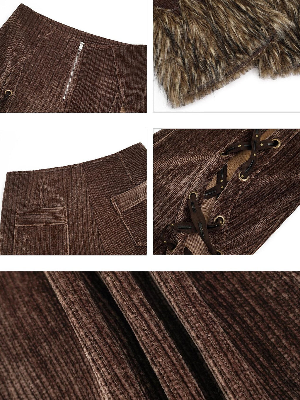 Nico Molly Coffee Corduroy Fur Trim Tie Waist Women's Mid Rise Zipper Flare Pants