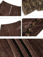 Nico Molly Coffee Corduroy Fur Trim Tie Waist Women's Mid Rise Zipper Flare Pants