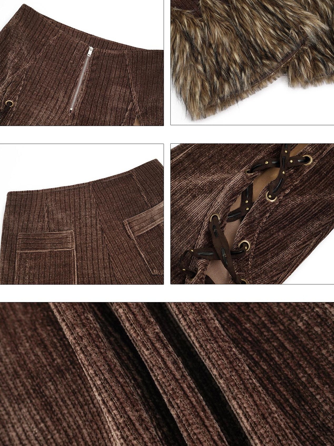 Nico Molly Coffee Corduroy Fur Trim Tie Waist Women's Mid Rise Zipper Flare Pants