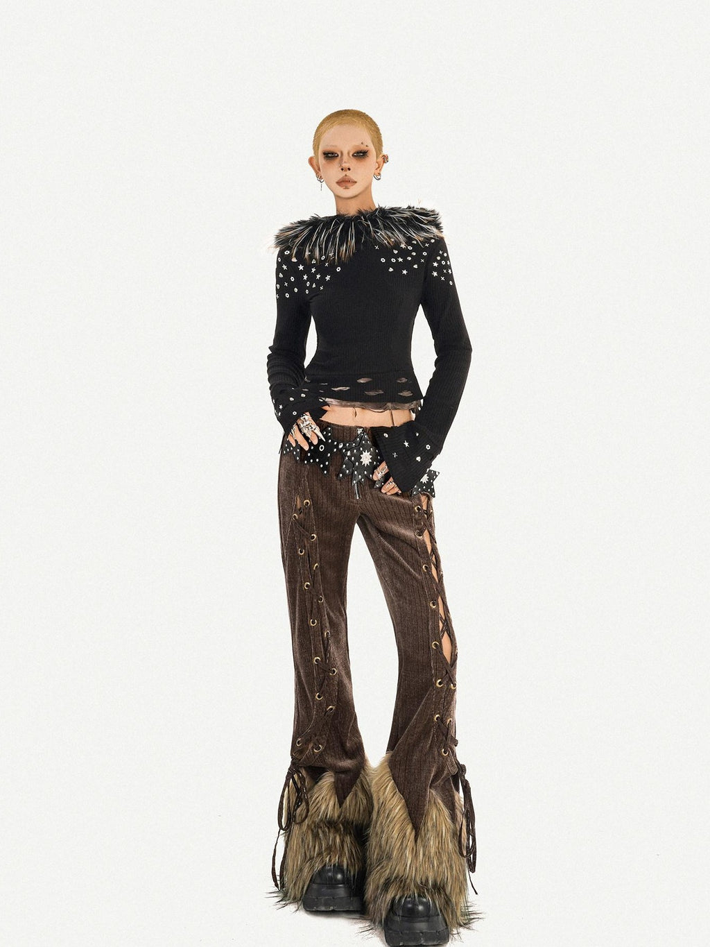 Nico Molly Coffee Corduroy Fur Trim Tie Waist Women's Mid Rise Zipper Flare Pants