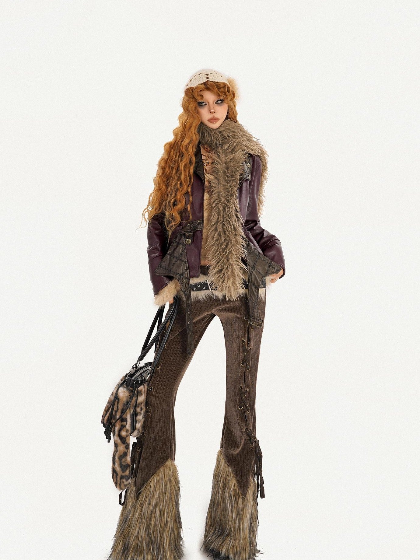 Nico Molly Coffee Corduroy Fur Trim Tie Waist Women's Mid Rise Zipper Flare Pants