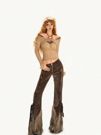 Nico Molly Coffee Corduroy Fur Trim Tie Waist Women's Mid Rise Zipper Flare Pants