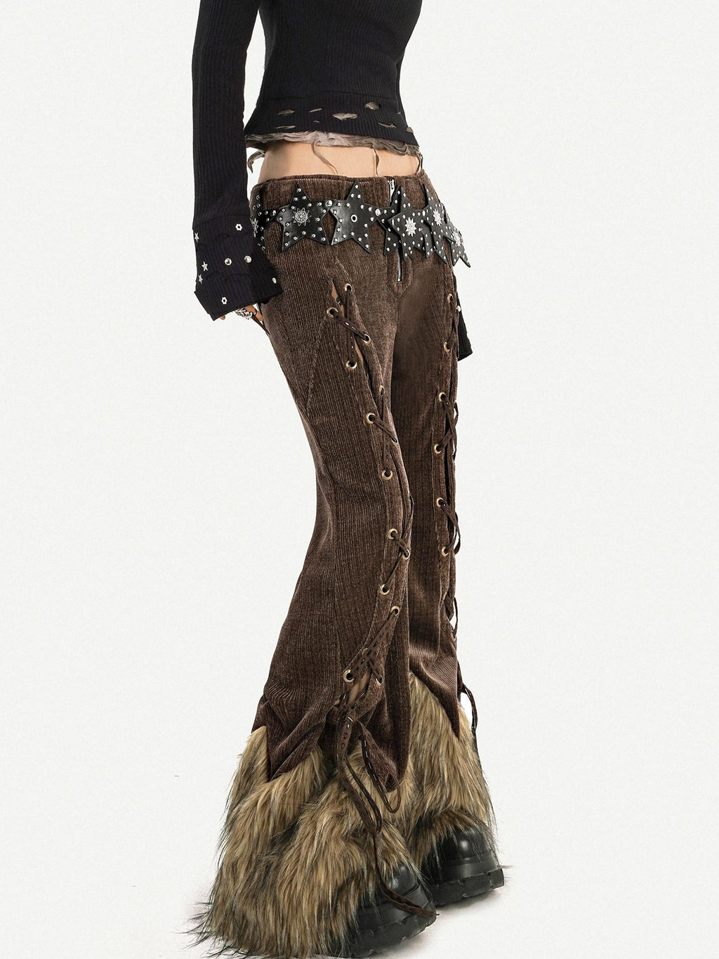 Nico Molly Coffee Corduroy Fur Trim Tie Waist Women's Mid Rise Zipper Flare Pants