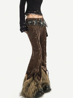 Nico Molly Coffee Corduroy Fur Trim Tie Waist Women's Mid Rise Zipper Flare Pants