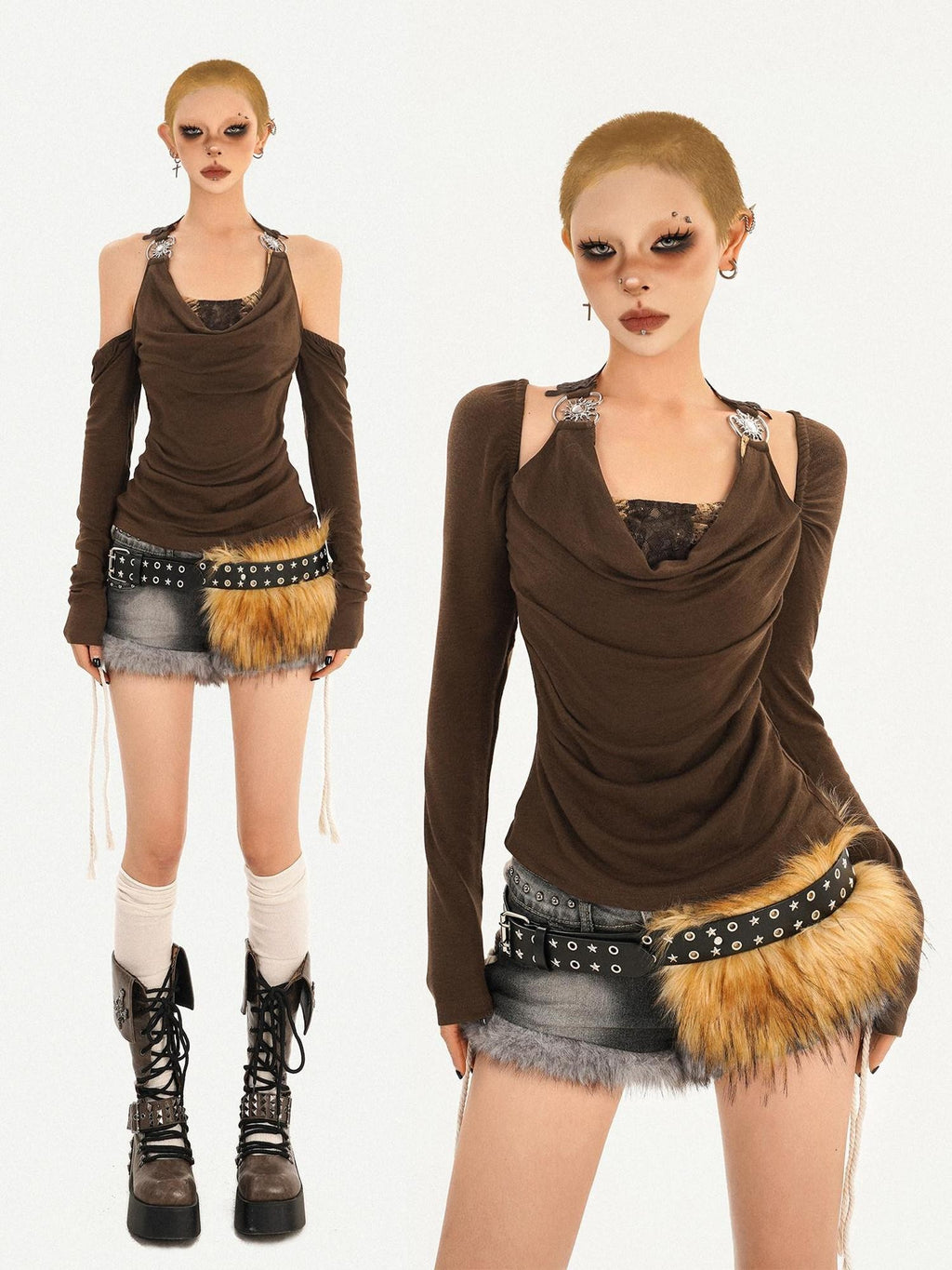Nico Molly Coffee Halter Open Back Faux Two Piece Women's Leather Long Sleeve T-shirts