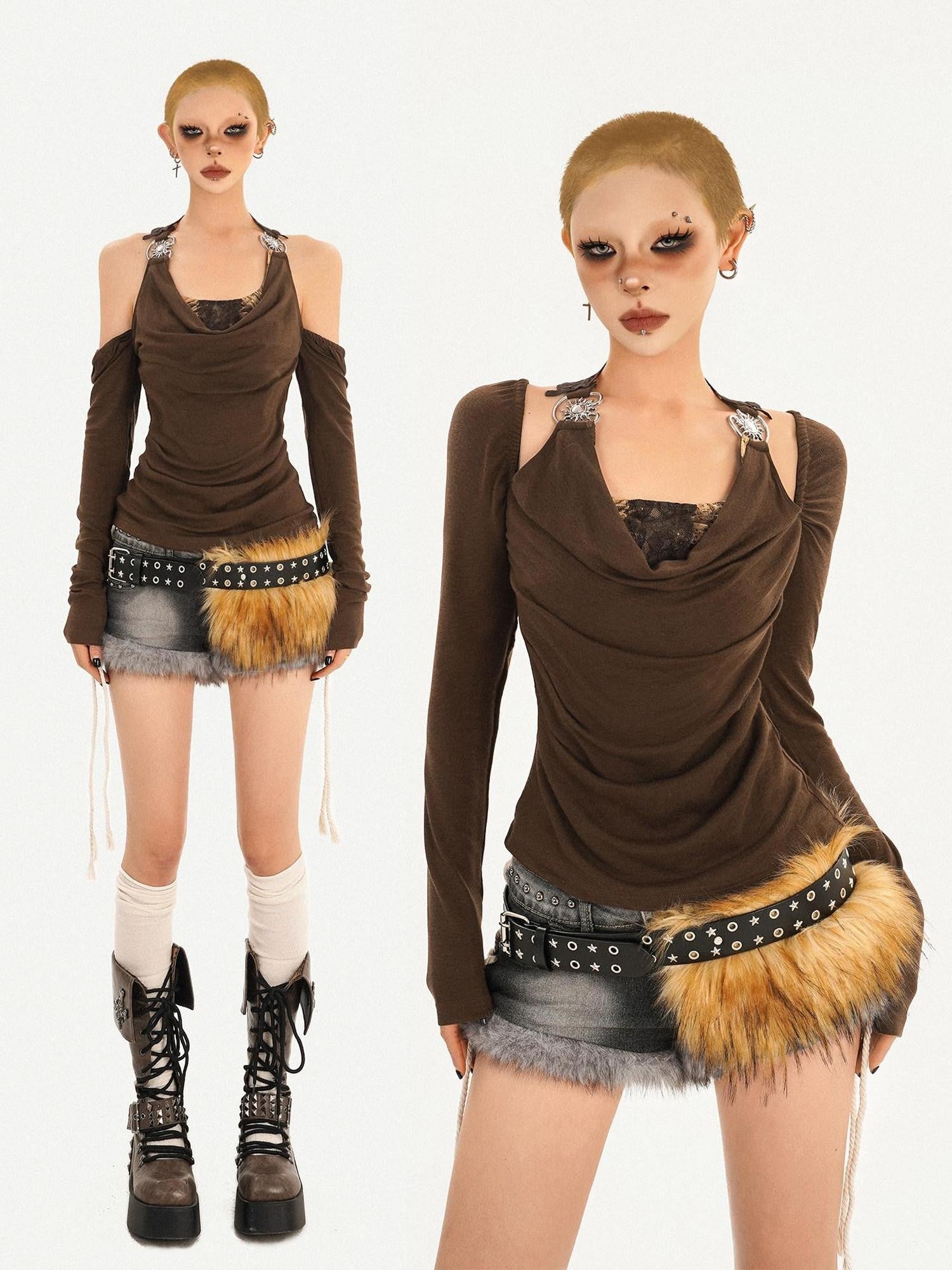 Nico Molly Coffee Halter Open Back Faux Two Piece Women's Leather Long Sleeve T-shirts