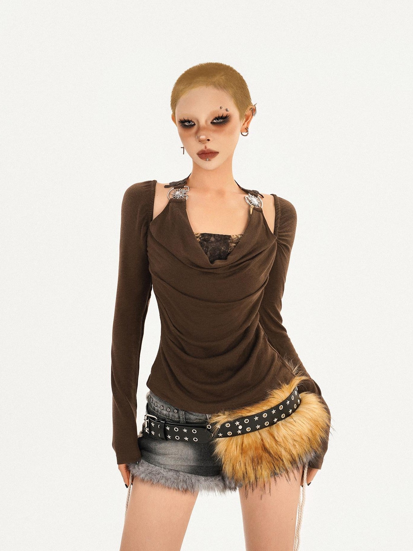 Nico Molly Coffee Halter Open Back Faux Two Piece Women's Leather Long Sleeve T-shirts