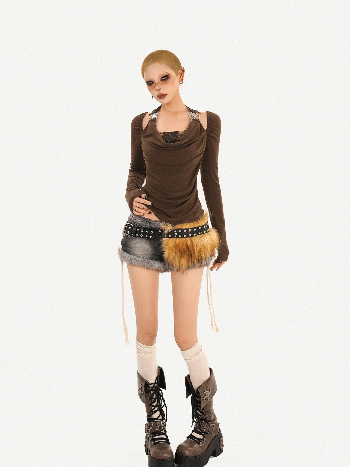 Nico Molly Coffee Halter Open Back Faux Two Piece Women's Leather Long Sleeve T-shirts