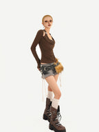 Nico Molly Coffee Halter Open Back Faux Two Piece Women's Leather Long Sleeve T-shirts