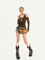 Nico Molly Coffee Halter Open Back Faux Two Piece Women's Leather Long Sleeve T-shirts