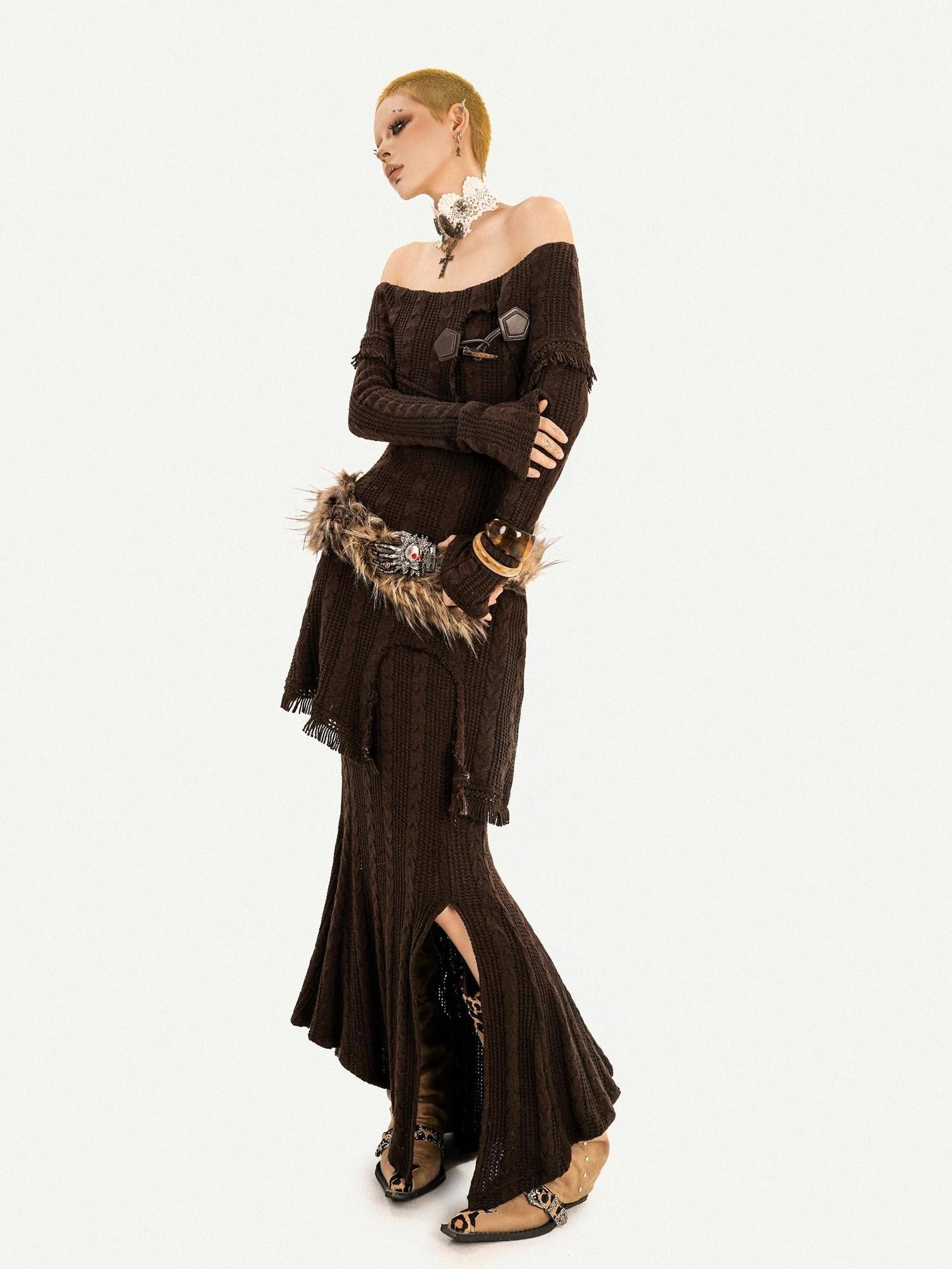 Nico Molly Coffee One Shoulder Fitted Slit Skirt Vintage Women's Knit Top & Skirt Sets