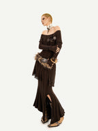 Nico Molly Coffee One Shoulder Fitted Slit Skirt Vintage Women's Knit Top & Skirt Sets