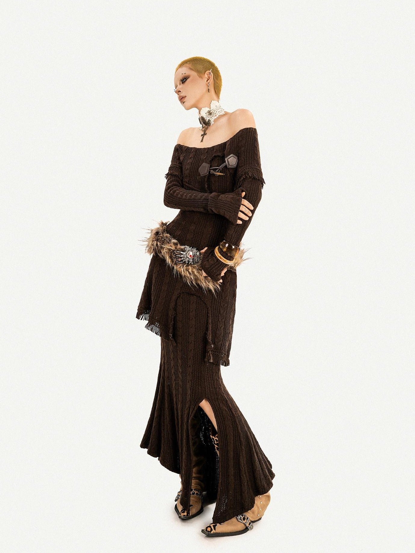 Nico Molly Coffee One Shoulder Fitted Slit Skirt Vintage Women's Knit Top & Skirt Sets