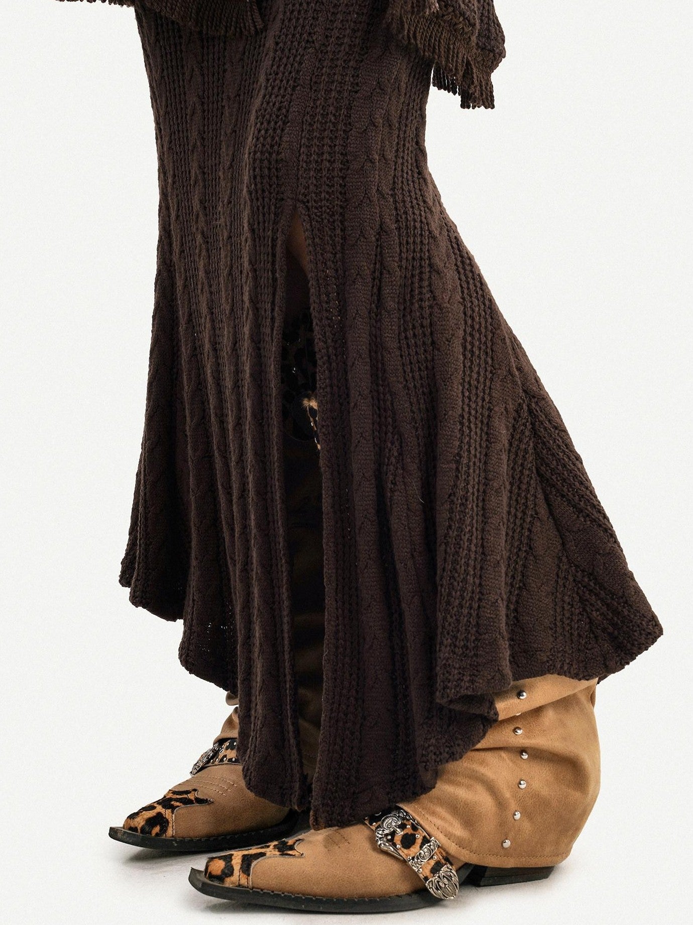 Nico Molly Coffee One Shoulder Fitted Slit Skirt Vintage Women's Knit Top & Skirt Sets