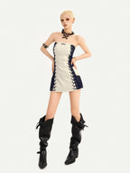 Nico Molly Colorblock Tie Lace Up Cinched Waist Bodycon Women's Strapless Mini Dresses