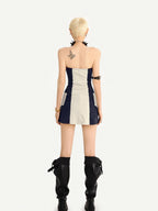 Nico Molly Colorblock Tie Lace Up Cinched Waist Bodycon Women's Strapless Mini Dresses