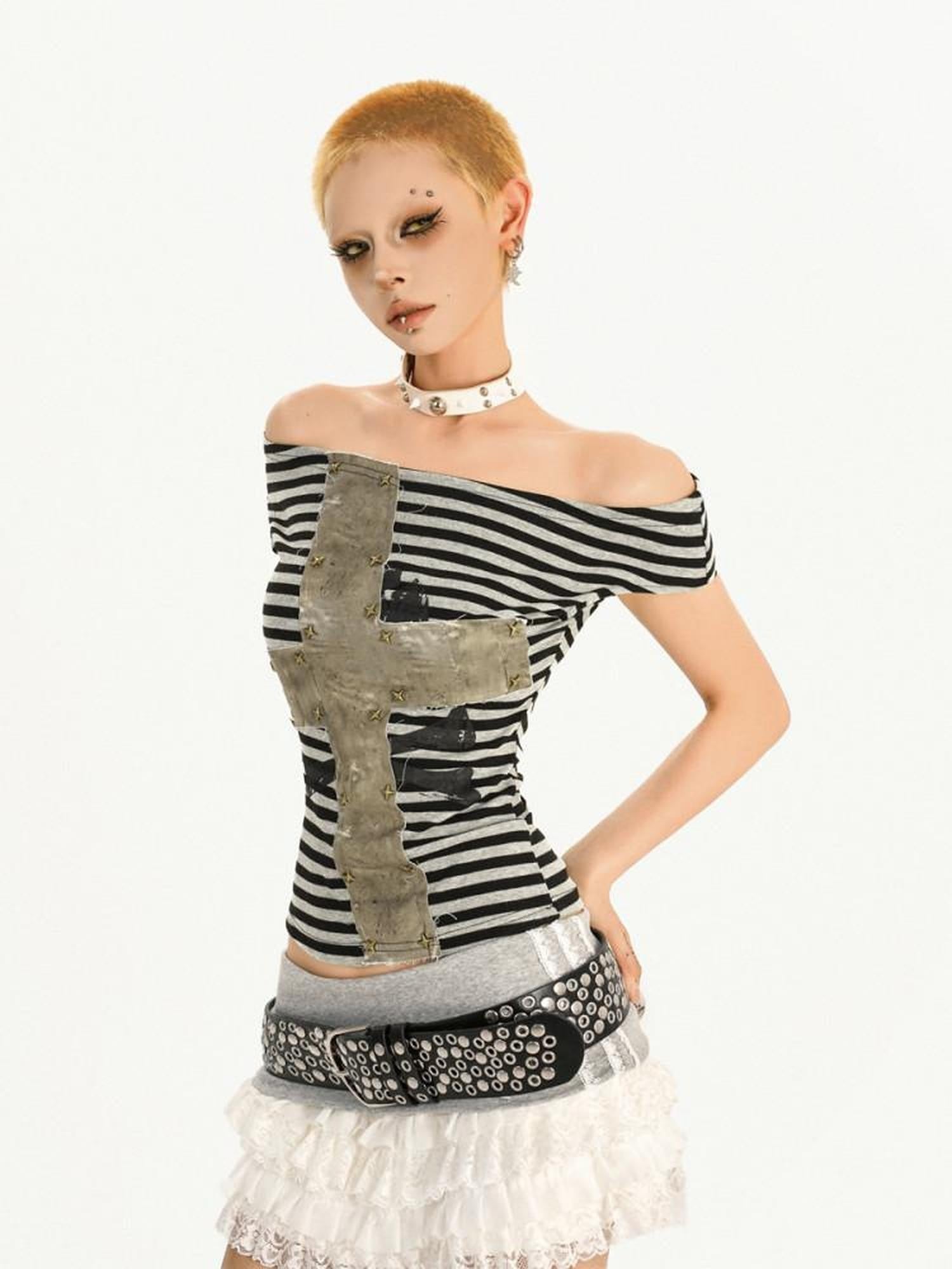 Nico Molly Contrast Patchwork Cross Asymmetric Collar Striped Women's Short Sleeve T-shirts