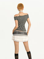 Nico Molly Contrast Patchwork Cross Asymmetric Collar Striped Women's Short Sleeve T-shirts