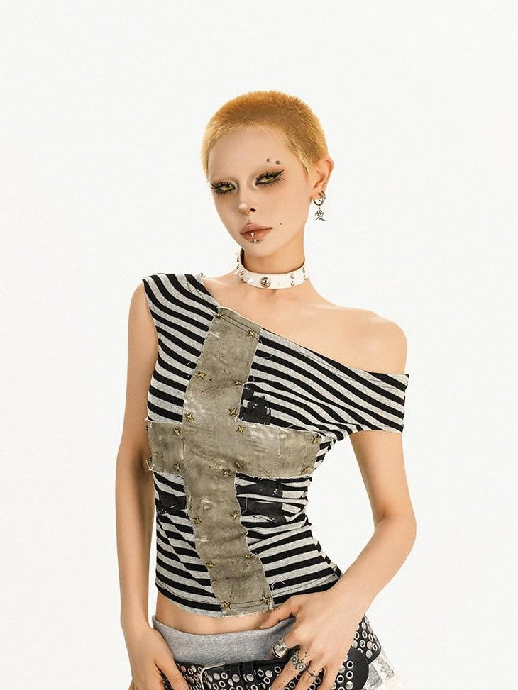 Nico Molly Contrast Patchwork Cross Asymmetric Collar Striped Women's Short Sleeve T-shirts