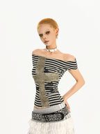 Nico Molly Contrast Patchwork Cross Asymmetric Collar Striped Women's Short Sleeve T-shirts