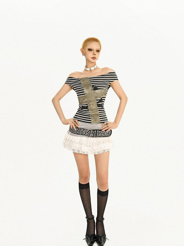 Nico Molly Contrast Patchwork Cross Asymmetric Collar Striped Women's Short Sleeve T-shirts