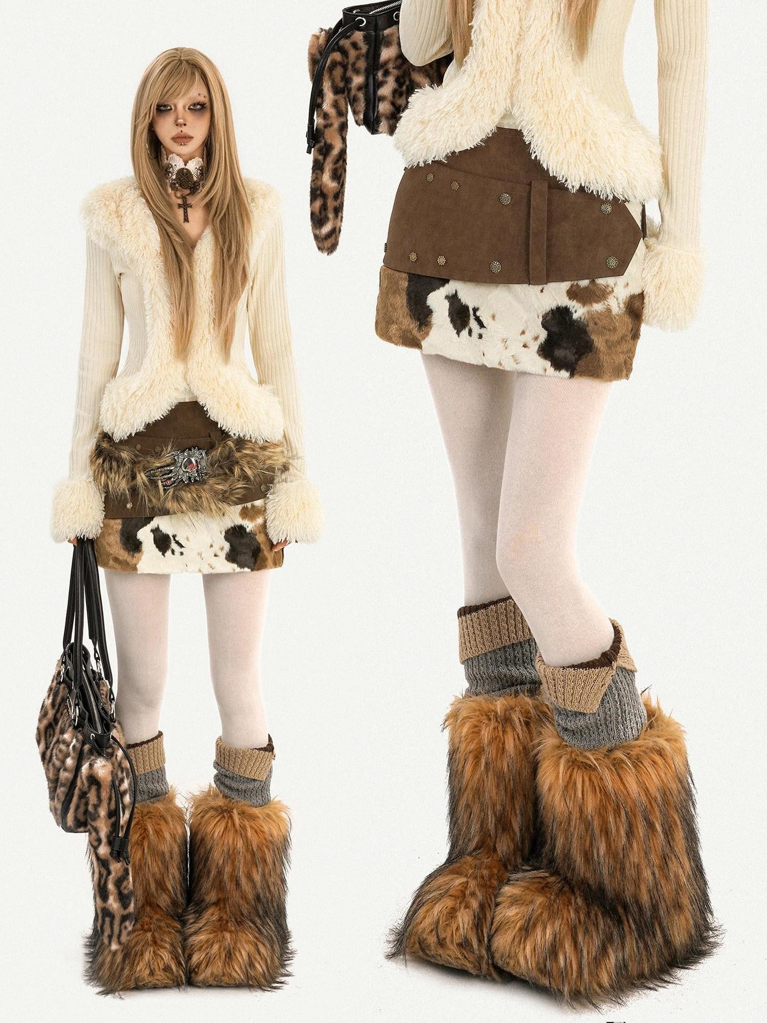 Nico Molly Cow Print Plush Patchwork Tiered Vintage Distressed Women's Wool Mini Skirts